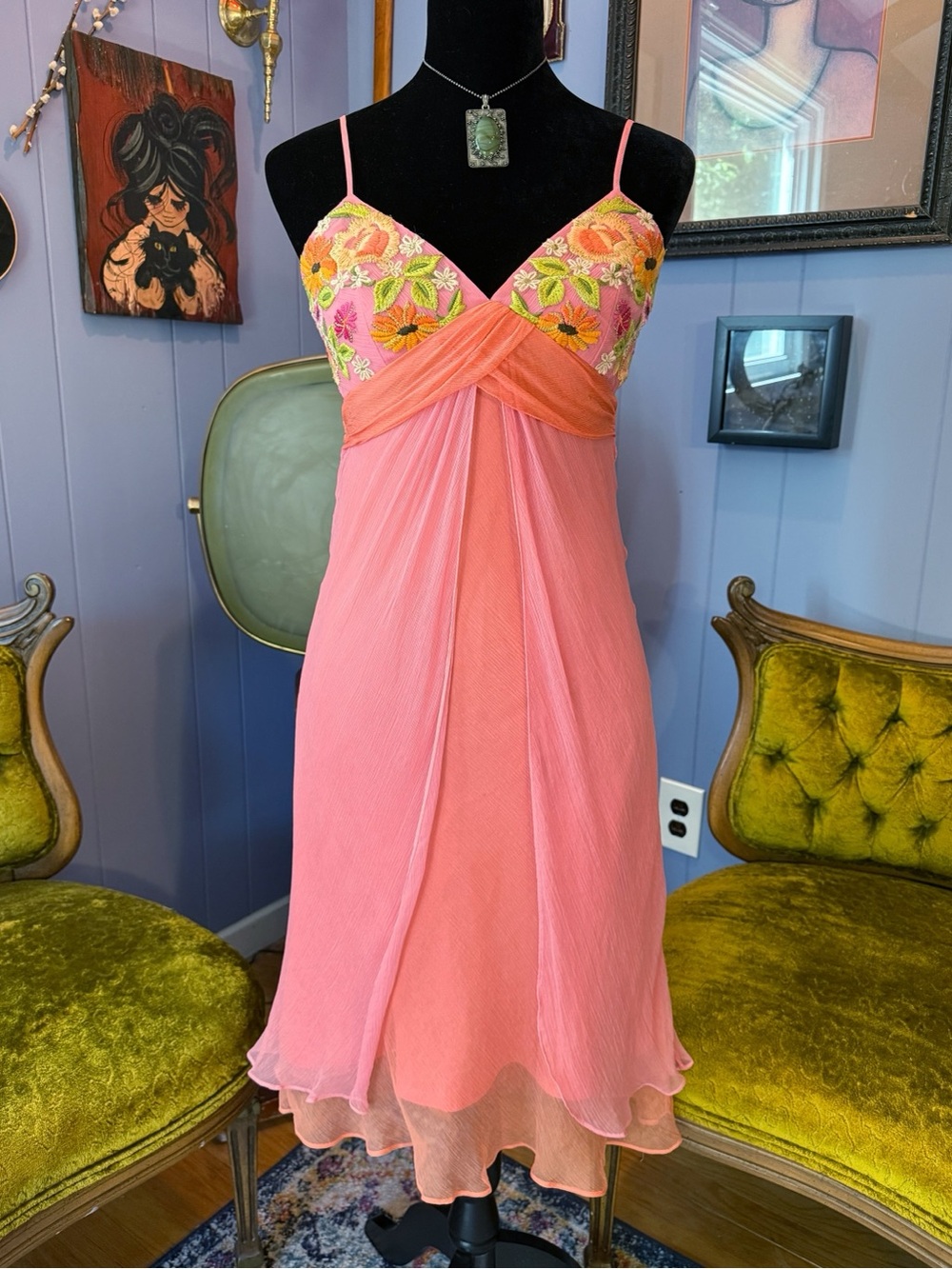 Vintage Y2K Laundry By Shelli Segal Floral 100% Silk Fairycore Dress Size 8 - Picture 1 of 8
